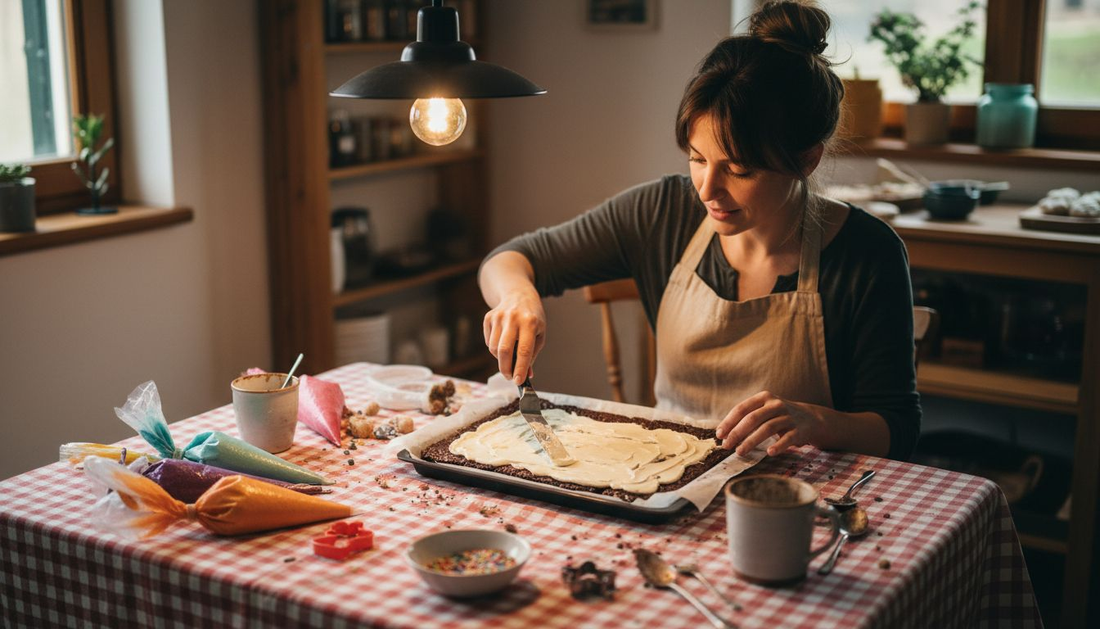 Alguien dando el toque final a unos brownies caseros en la cocina de su hogar.