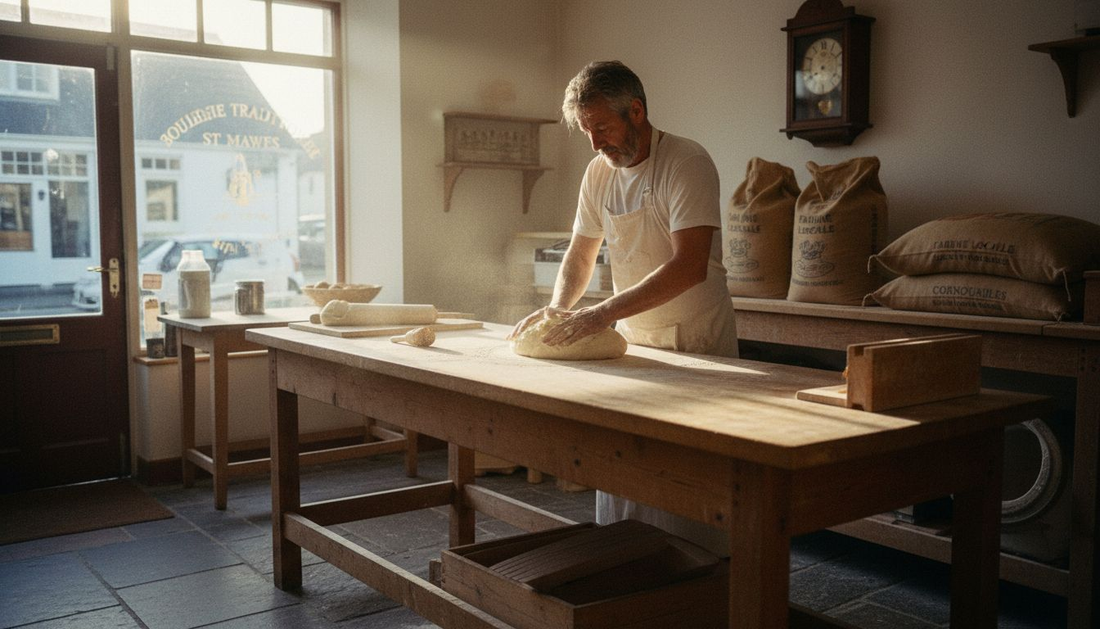 Un boulanger en plein pétrissage dans sa boulangerie à St Mawes