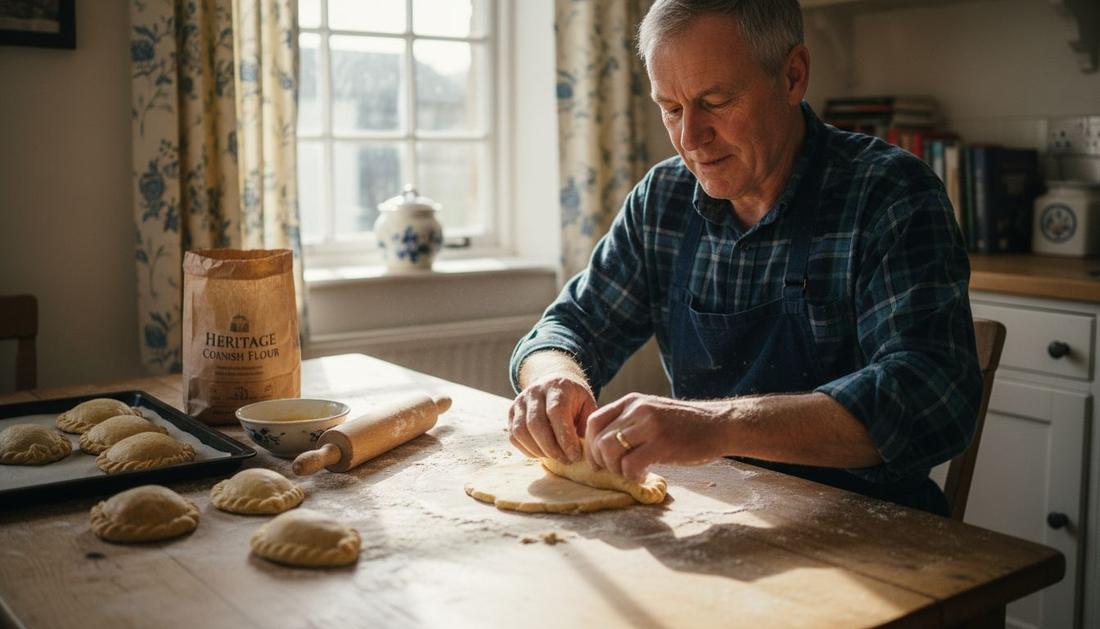 Baker crimping Cornish pasty in bright kitchen