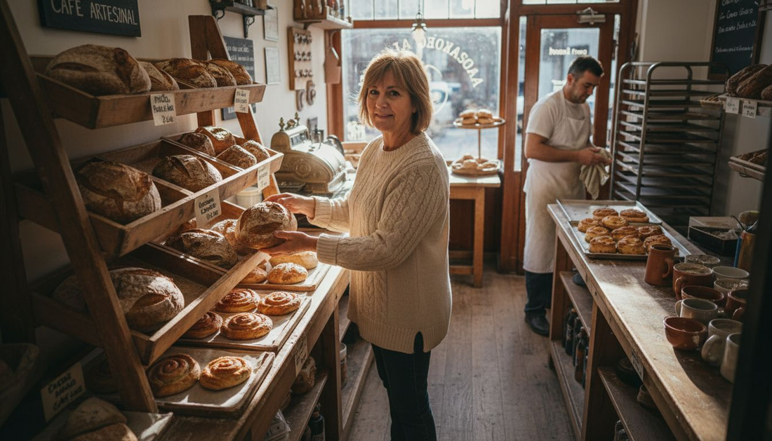 Una clienta elige el pan en una panadería familiar, disfrutando del aroma y la variedad que ofrecen cada mañana.