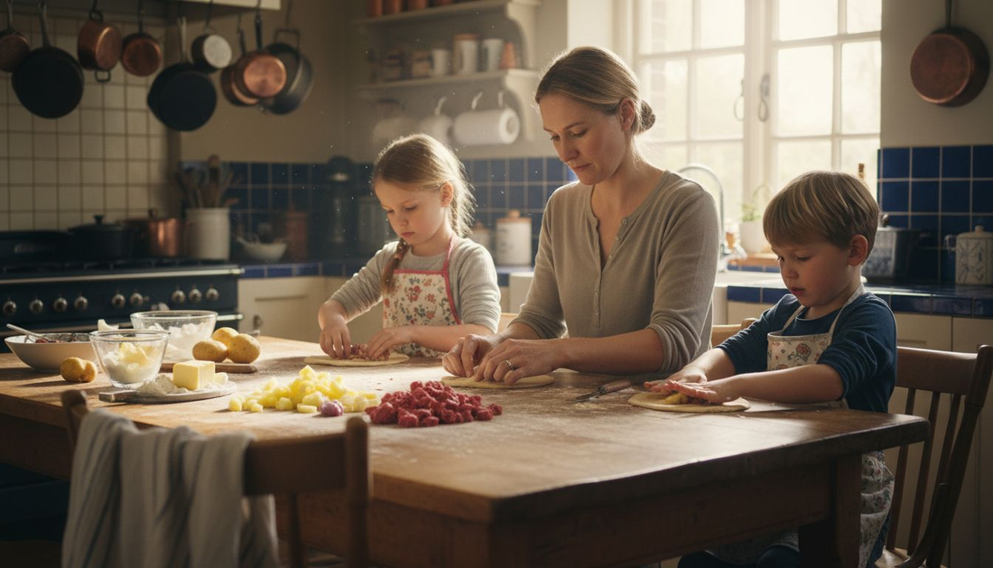 Une famille réunie en cuisine pour préparer des chaussons salés façon Cornouailles, dans une ambiance conviviale et gourmande.