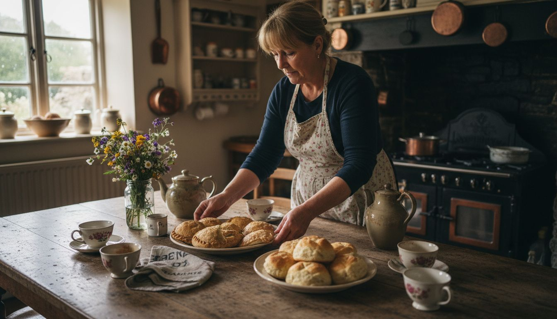 Una mesa de merienda al estilo Cornualles, repleta de pasteles típicos y una buena taza de té.