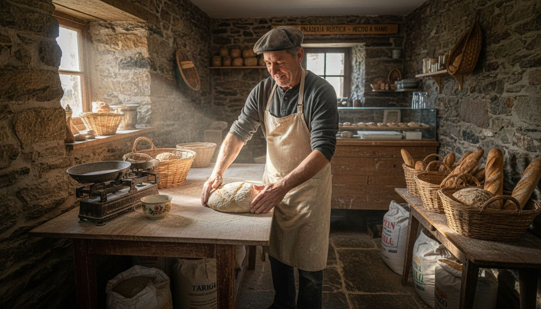 Panadero elaborando una hogaza de pan rústico al estilo de Cornualles