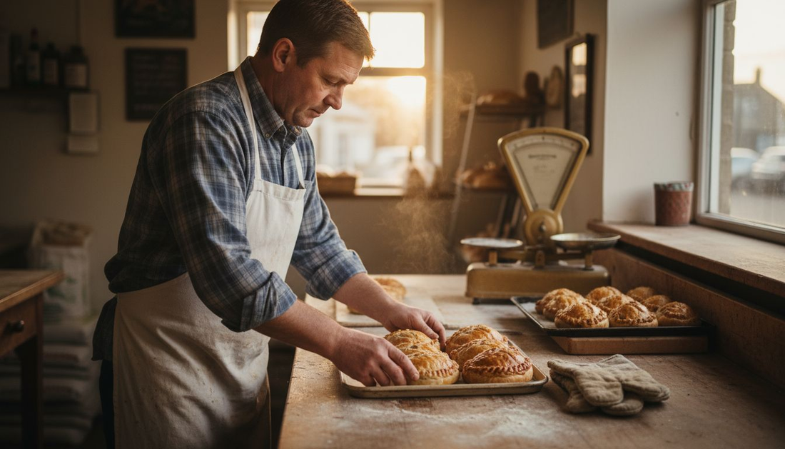 Un panadero acomoda empanadas Cornish acabadas de salir del horno.