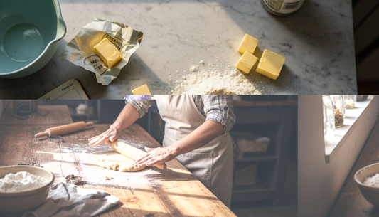 Baker rolling out sweet short pastry dough