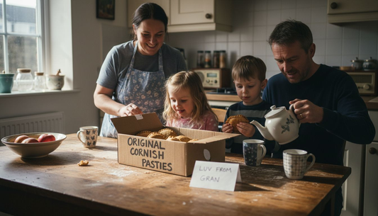 Family opening box of Cornish pasties at home