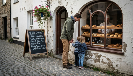 Family at Cornish bakery storefront in St Mawes